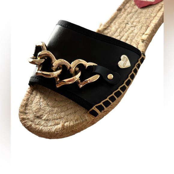 Heart Chain Black Leather Espadrille Sliders - Picture 7 of 7
